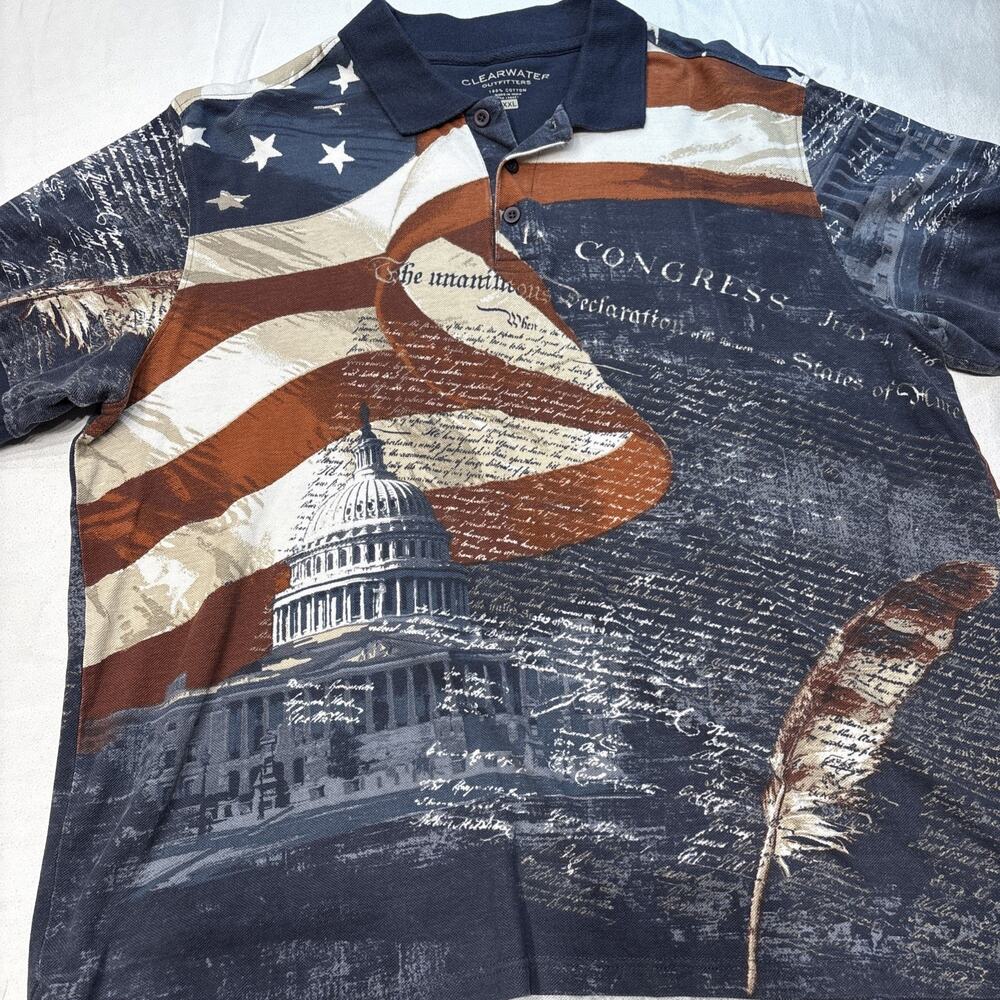 Clearwater Outfitters Polo Men’s XXL American Flag Declaration Congress USA AOP